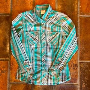 True Religion Teal Plaid Pearl Snap Shirt